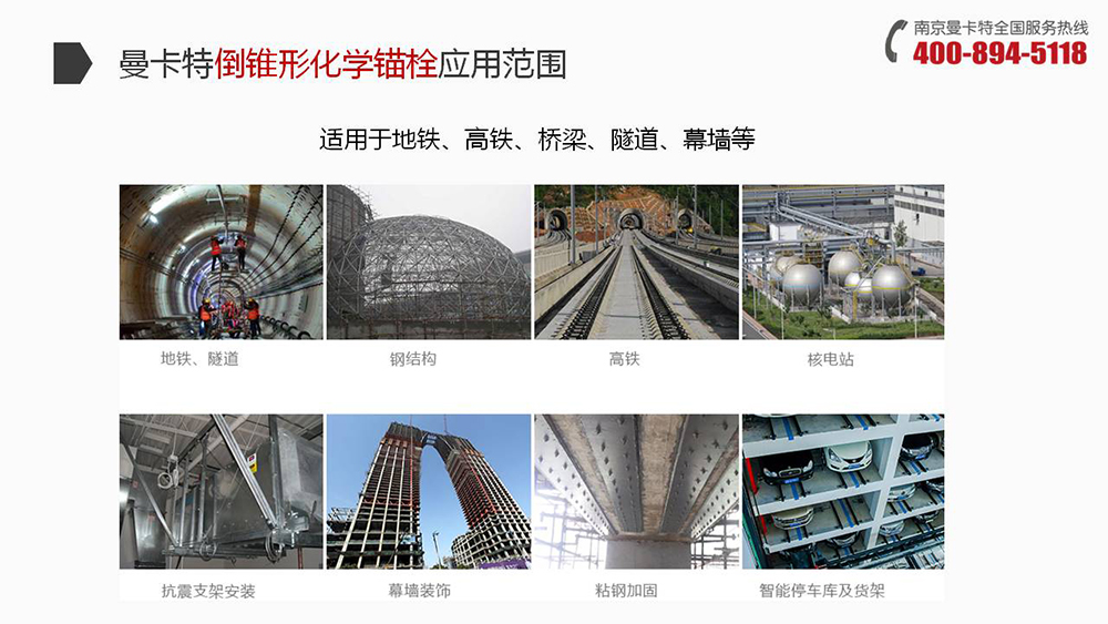 恒盛倒锥形化学锚栓在地铁、高铁、桥梁、隧道、幕墙中广泛使用